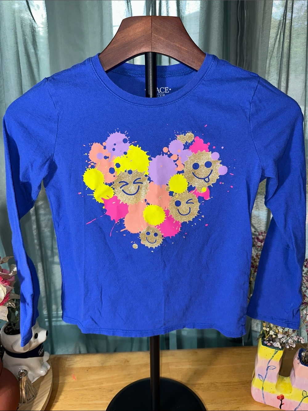 Girls' Blue Long-Sleeve Smile Heart Graphic Tee